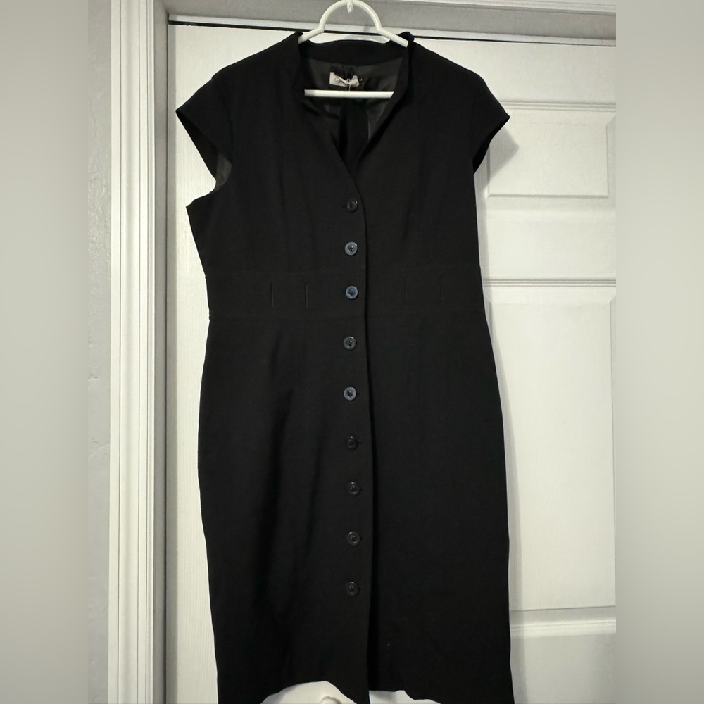 Black Calvin Klein Button Front Sheath Dress Tie Waist, Size 14